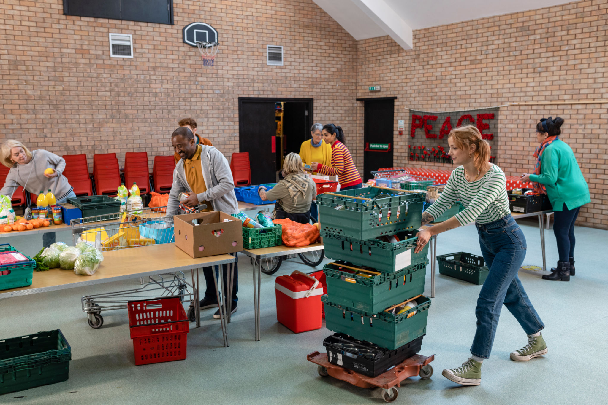 Team of volunteers organizing food donations
